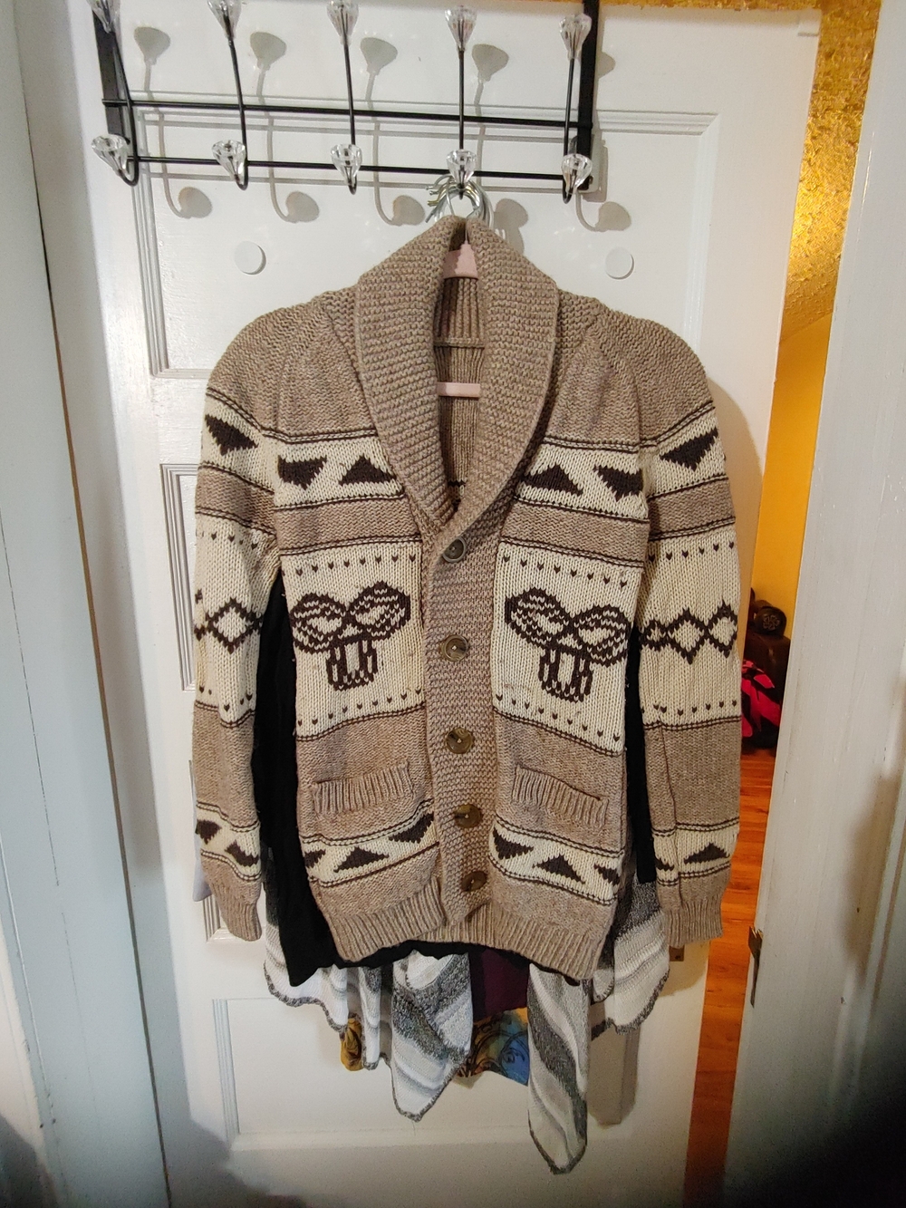 TNA Shawl Collar Knit Cardigan - Beige & Dark Brown Pattern